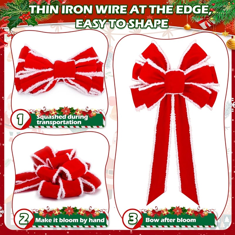 Anyfire Large Red Christmas Bow: 10'' x 21'' Large Christmas Tree Topper Bow Red Velvet Bow with White Edge for Wreath Garland Stair Fireplace Home Indoor Outdoor Xmas Decoration (1 Packs) - Image 3